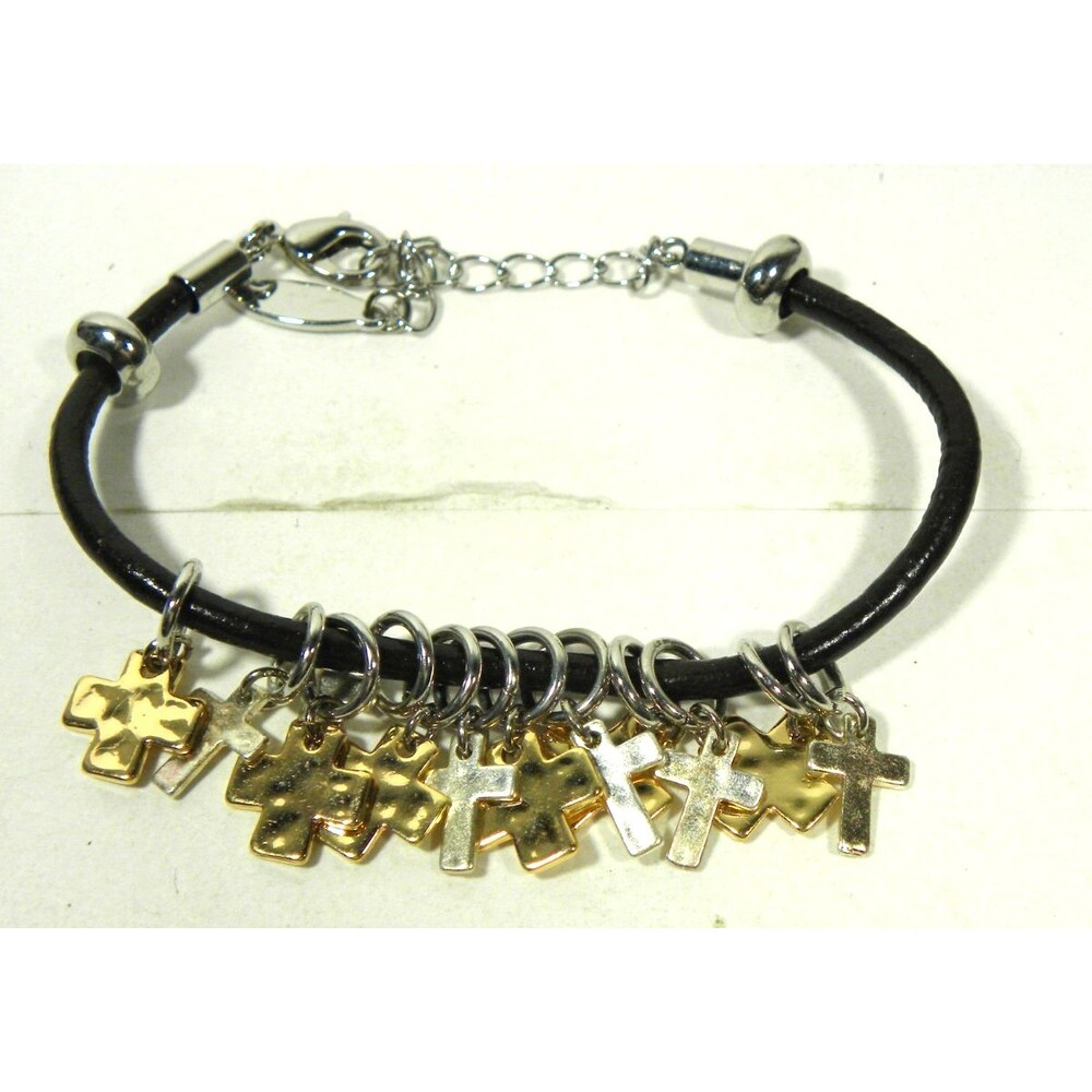 Cross Charm Bracelet Black Faux Leather Silver Gold Tone Religious Demdaco